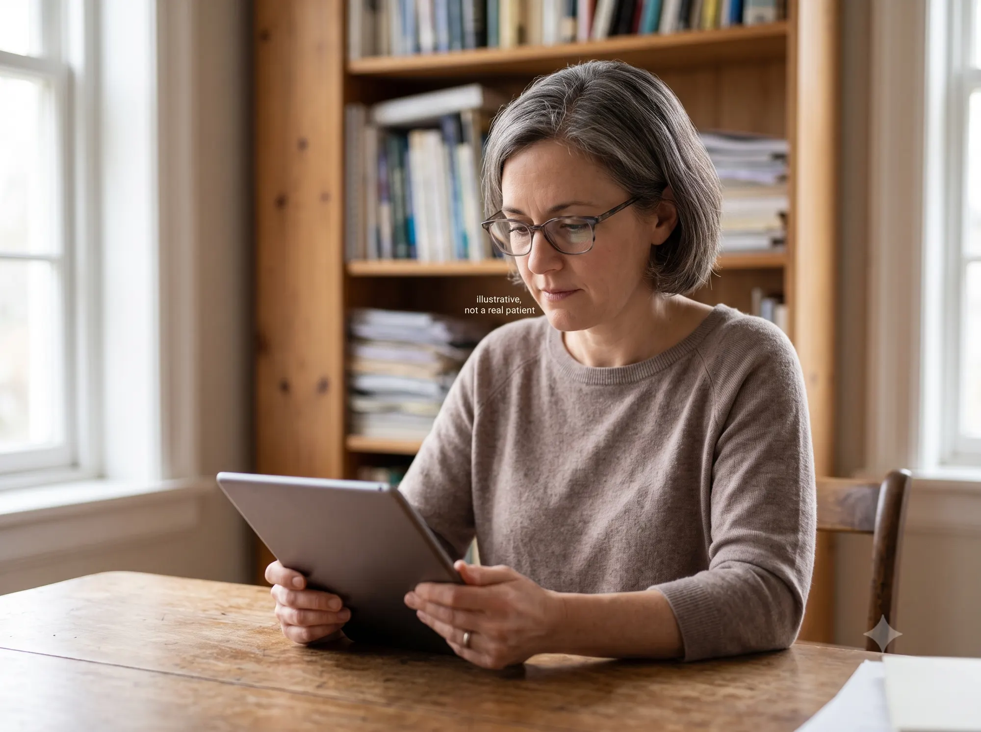 A psychiatrist reading from a tablet in a quiet office